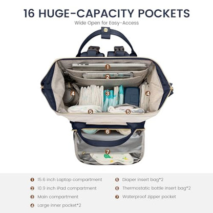 LOVEVOOK Diaper Bag Backpack, Baby Bag with Changing Station, Large Diaper Backpack for Mom Dads, Waterproof Leather Mommy Bag for Boy and Girl, Travel Essential Baby Shower, Navy Blue-Beige - color: Navy Blue-beige