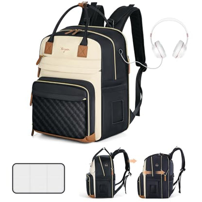 Diaper Bag Backpack - Extra Large Diaper Bag for 2 Kids Twin, Travel Baby Bags for Mom Dad 25-37L Expandable with Changing Pad Earphone Hole, Apricot Black - color: Black & Apricot