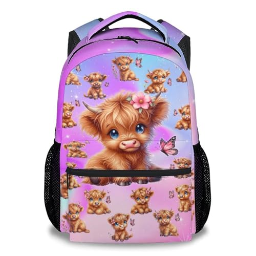 Highland Cow Backpack for Girls Kids School Bookbag for Elementary Middle School, 17 Inch Polyester Cow Pattern Student Book Bag with Padded Shoulder Straps - color: Purple