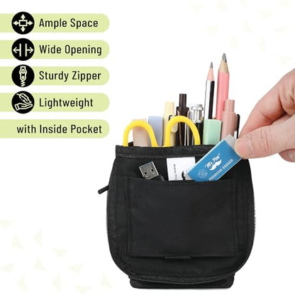 Mr. Pen- Standing Pencil Case Pouch, Sit & Lay Mesh-View Design, Black & Lawn Green, Interior Pocket & 2 Elastic Binder Loops, Cute Pencil Case for Girls and Boys - color: Black & Lawn Green