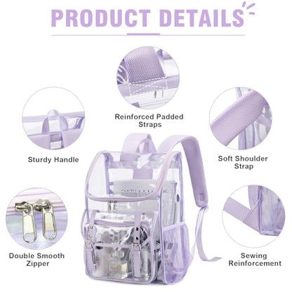 DIGOBAY Clear Backpack with Lunch Bag Set, Leather Clear Backpack Heavy Duty Thick PVC Bookbag Fashion See Through Transparent Backpacks with Support Pad for College Travel Work Purple - color: Purple1
