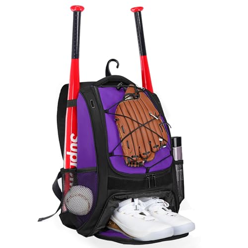 Goloni | Baseball Backpack,Baseball Bag for Adult,Softball Bat Bag with Shoes Compartment,Large Main Compartment for Helmet & accessories, Fence Hook - color: Purple