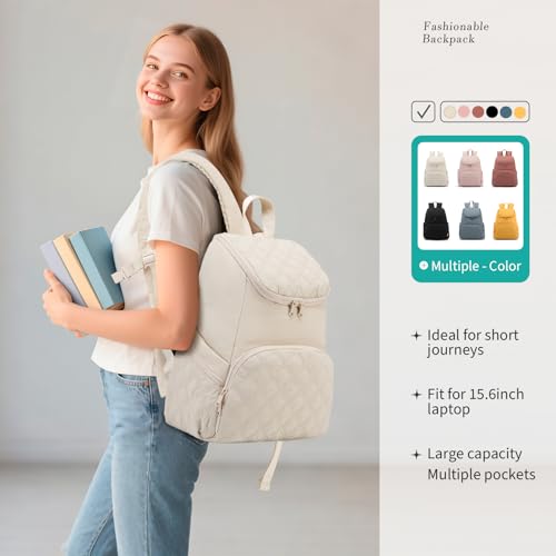 NOL Natural Organic Lifestyle Women's Quilted Puffer Backpack, Large Waterproof Lightweight Puffy Bookbag, Carry on Daypack for Travel, Work (Cream) - color: Cream