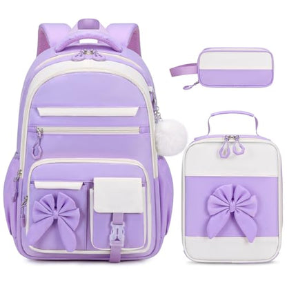DIGOBAY Backpack for Girls, 3PCS Girls Backpack for School with Lunch Bag Pencil Case, Cute Kids Teens Bookbag for Kindergarten Elementary Preschool Middle School (Purple) - color: Beige-purple