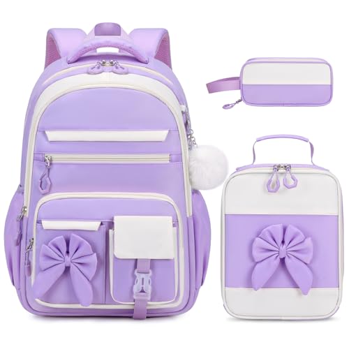 DIGOBAY Backpack for Girls, 3PCS Girls Backpack for School with Lunch Bag Pencil Case, Cute Kids Teens Bookbag for Kindergarten Elementary Preschool Middle School (Purple) - color: Beige-purple