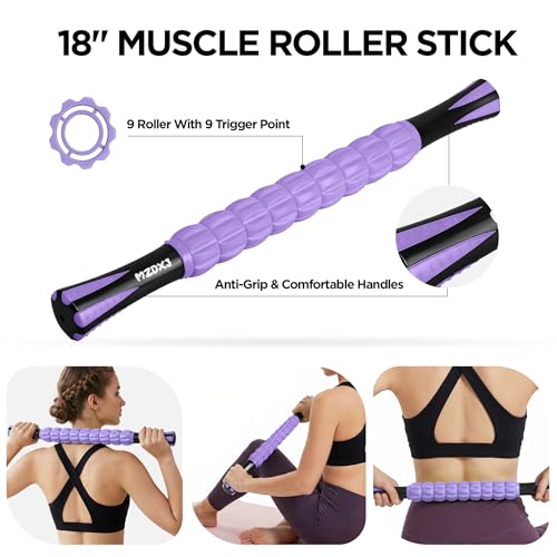 Muscle Roller & Massage Roller Stick for Athletes - Lymphatic Drainage Support, Relieves Muscle Soreness, Cramping & Tightness - Targets Legs, Arms, Back & Calves （Purple - 18inch） - color: Purple