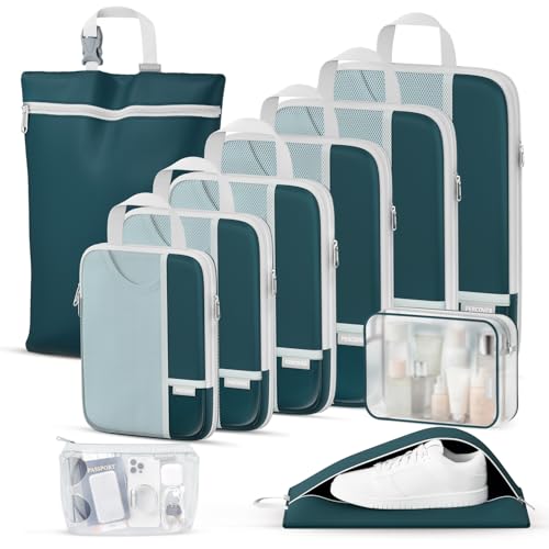 Percover Compression Packing Cubes for Travel, 10-Piece Structured Compression Organizer Set with Toiletry Bag, Laundry Bag & Shoe Bag for Carry-On & Checked Luggage, Peacock Green - color: Peacock Green, size: 10 Set