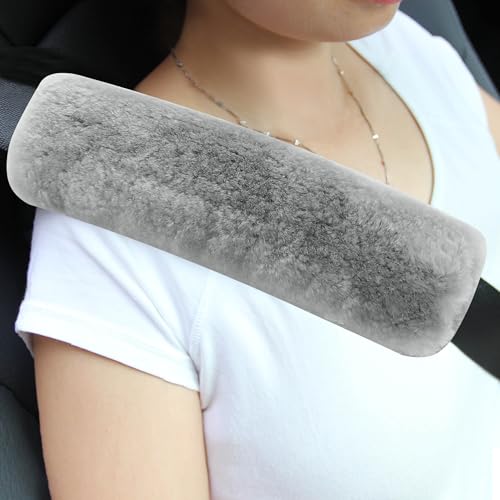 Amooca Authentic Sheepskin Seatbelt Cover Real Wool Car Truck SUV Airplane Seat Belt Shoulder Pad for Carmera Backpack Straps Neck Cushion Protector 2 Pack Light Grey - color: Light Grey Sheepskin, size: 10.5in 2pack