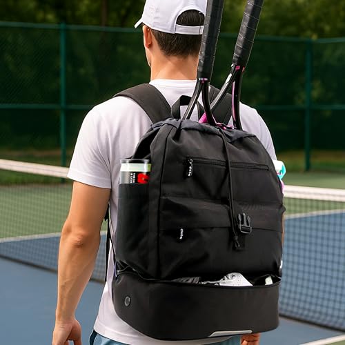 J World Ace 2 Racket Tennis Backpack for Women Men. Badminton Squash Pickleball Bag. Kids Sports Gym Bag w/Shoe Compartment - color: Black
