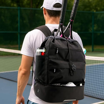 J World Ace 2 Racket Tennis Backpack for Women Men. Badminton Squash Pickleball Bag. Kids Sports Gym Bag w/Shoe Compartment - color: Black