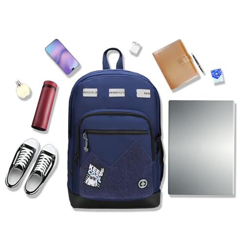 Swissdigital Design Big Student Laptop Backpack with Fun Personalized Patches For College Men & Women, Middle High School Teen Bookbag Cool Travel Daypack Blue -Includes 3 Patches | SD1718-12 - color: Dark Blue
