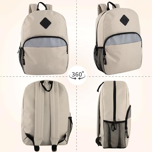 Trail maker 17" Backpack – Reflective School Backpack with Padded Straps, Water Bottle Pockets for Kids & Adults, School Travel Camp (Khaki) - color: Khaki