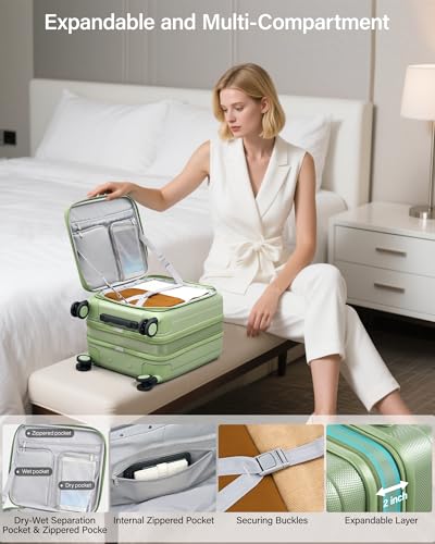 Hanke Top Opening Carry-On - Expandable 16 Inch Airline Approved Spinner | Easy-access top opening,360° spinner wheels,lightweight expandable hardshell, fits overhead bins,for overnight business trips - color: Bamboo Green, size: 16 Inch Expandable