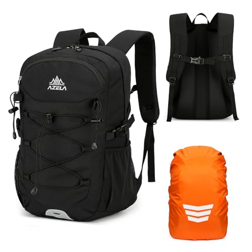 GES 30L Hiking Backpack Lightweight Water Resistant Daypack with Rain Cover & Laptop Compartment for Travel, Camping, trekking, Work(Black) - color: Black