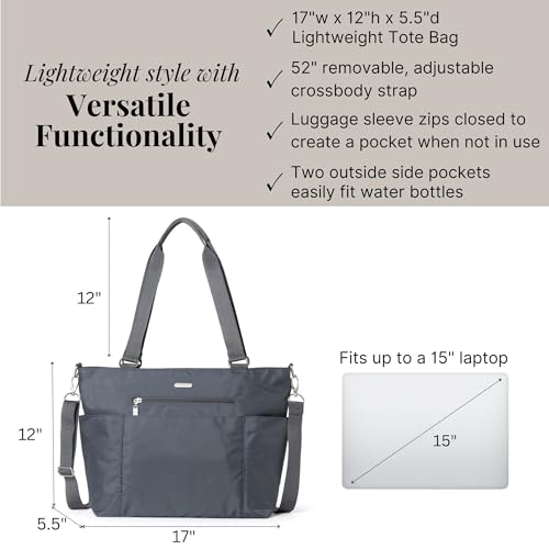 Baggallini Essential Laptop Tote - Work Tote Bag with Laptop Sleeve - Lightweight Travel Crossbody Shoulder Bag for Women - color: Charcoal Gray
