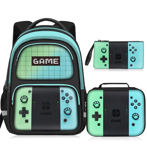Kids Backpack For Boys，Gamer Boys Backpack For Children Teens Elementary Middle School, 17″ Students Bookbag - color: Backpack Set-sw-green & Blue