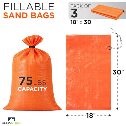 Heavy Duty Sand Bags Pack of 3, Bright Orange Empty Sandbags with Built-In Ties, Woven Polypropylene UV Protection 1600 Hours, Fillable Bags for Flood Control, Weight, 18x30 inches, 75 Pounds Volume - size: 18"W x 30"L, style: Pack of 3