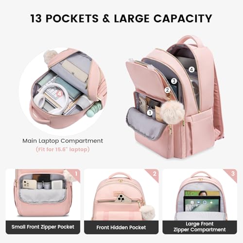 LOVEVOOK School Backpack for Teen Girls, Student Backpack Purse for 14-16 Teenage, Cute Kid Bookbag, Back to School Backpacks Fit 15.6 Inch Laptop, Large College Travel Bag, Pink - color: Pink
