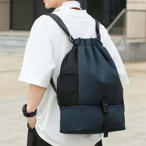 Water-Resistant Drawstring Gym Backpack Bag with Wet/Dry Separator Pocket（Dark Blue）