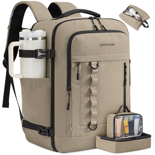 LOVEVOOK 40L Travel Backpack for Men Women, Waterproof Carry On Backpack for Work & Travel, Flight Approved Personal Item with 3 Packing Cubes, TSA Bag Fits 17.3" Laptop,Khaki - color: Khaki, size: Large-40L-4Pcs