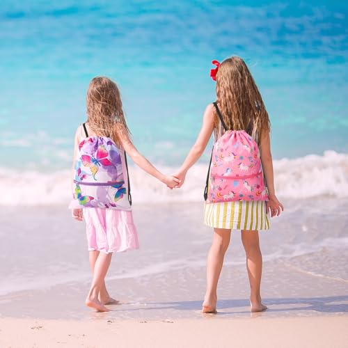 WAWASAM Kids Drawstring Backpack, Gym Swim Bag Cinch Bag for Girls Boys with Zipper Pocket - color: Butterfly