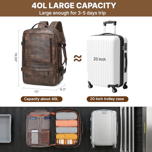 Travel Backpack for Men Women, PU Leather Carry On Backpack Flight Approved with Laptop Compartment, 40L Expandable Personal Item Travel Bag for Traveling Weekender Business (Coffee) - color: Coffee