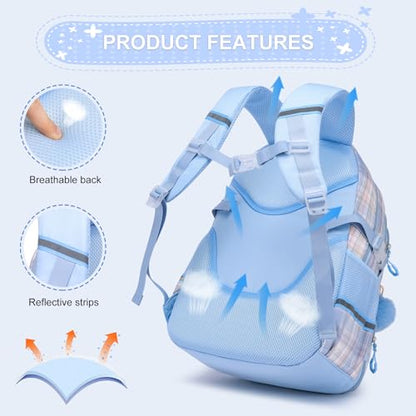 KEBEIXUAN Kids Backpack for Girls - Cute Plaid Bookbag for Elementary Student, Lightweight and Spacious School Bag (Blue) - color: Plaid Blue