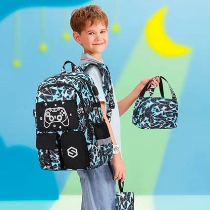 Scothen Boys Backpack, Cool Luminous School Backpack with Lunch Bag Pencil Case, Kids Backpack Kindergarten Elementary Middle School Book Bags for Teen Boys Children with USB Charging Port - color: Blue Graffiti