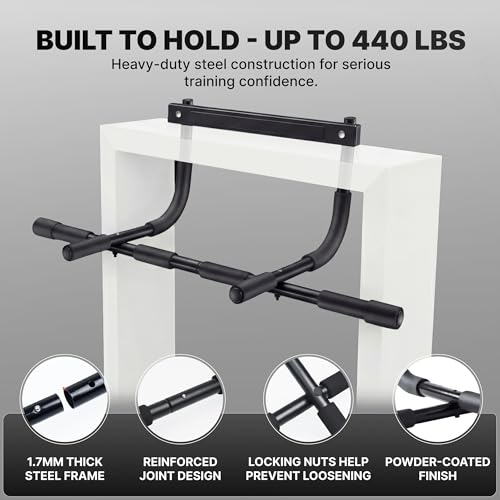 DMoose Fitness Door Pull Up Bar for Doorway - 250 Lbs Capacity, 1.7mm Heavy Duty Steel, 4 Grip Positions, No Drill Installation, Foam Door Protection & Cushioned End Caps (Black Classic)