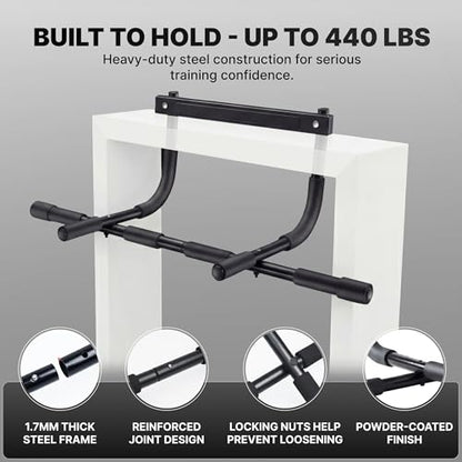 DMoose Fitness Door Pull Up Bar for Doorway - 250 Lbs Capacity, 1.7mm Heavy Duty Steel, 4 Grip Positions, No Drill Installation, Foam Door Protection & Cushioned End Caps (Black Classic)