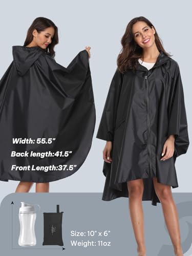 SaphiRose Unisex Rain Poncho Waterproof Raincoat Hooded for Adults Women with Pockets - color: Black
