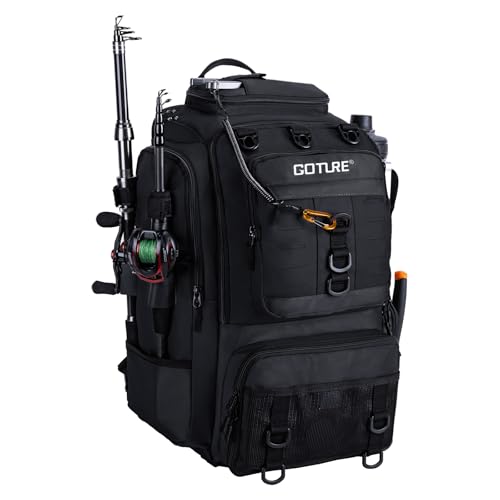 Goture 40L Fishing Tackle Backpack Black, Water-Resistant Fishing Bag with Cooler Compartment & Rain Cover for Saltwater - color: Black, size: A - Trays not included