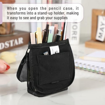 Mr. Pen- Standing Pencil Case Pouch, Sit & Lay Mesh-View Design, Black & Gray, Interior Pocket & 2 Elastic Binder Loops, Cute Pencil Case for Girls and Boys - color: Black & Gray