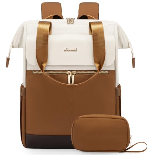LOVEVOOK Laptop Backpack for Women, 15.6 Inch Work Laptop Bag with USB Port, Fashion Teacher Nurse Backpack Purse, Waterproof Travel Computer Backpack with Organizer Bag, 2PCS - color: Beige - Brown, size: 15.6" - 2pcs