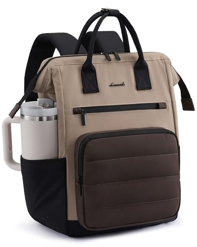 LOVEVOOK Puffer Laptop Backpack for Women, 15.6 Inch Work Backpack purse for Nurse Teacher, Personal Item Travel Bag College Computer Daypack for Daily Commute - color: Coffee-khaki, size: 15.6 Inch