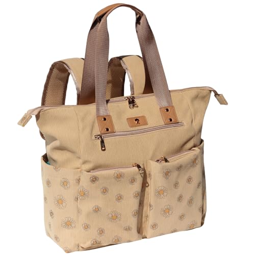 ESVAN Diaper Tote Bag Totepack Backpack 2 in 1 for Women Multifunctional Large Capacity with Insulated Pockets Travel | Multifunctional - color: Corduroy Brown Daisy