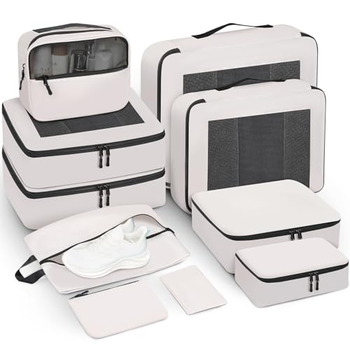Mesh Packing Cubes for Travel, Durable Luggage Organizer with Sturdy Material and Double Zippers, Comprehensive Set for Travel Accessories Storage, 10 set, cream - color: Cream, size: 10 set