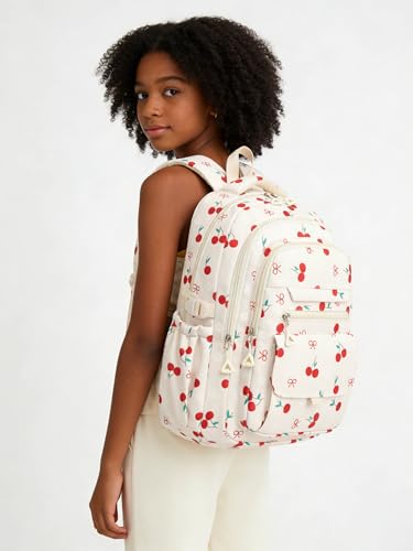 Phaoullzon Girls High Middle School Cherry Backpack for Kids Kawaii Bookbag College Daypack,Cherry - color: Beige Cherry, size: Large (17.5 Inch)