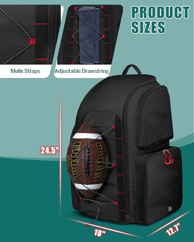 Smasrob Football Equipment Bag, Football Backpack, Football Gear Bag | Separate Shoe Compartment, Insulated Pocket and Fence Hooks, for Adult and Youth - color: Black