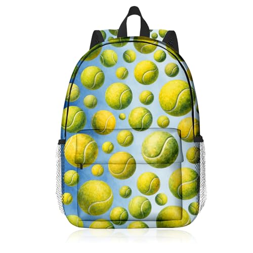 Tennis Backpack for Kids & Youth, 16 Inch Tennis-Themed School Bookbag, Lightweight Polyester Daypack with Front Zip Pocket, Side Bottle Pocket, Padded Adjustable Straps, Unisex - color: Tennis