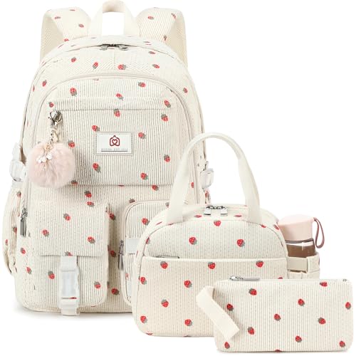 School Backpack with Lunchbox for Teens Girls Women 15.6 Inch Laptop College Backpacks with Lunch Bag Bookbag Set Corduroy Kids Elementary Middle High Bags Students Daypack - Beige Strawberry Set - color: 18-corduroy Beige Strawberries Set