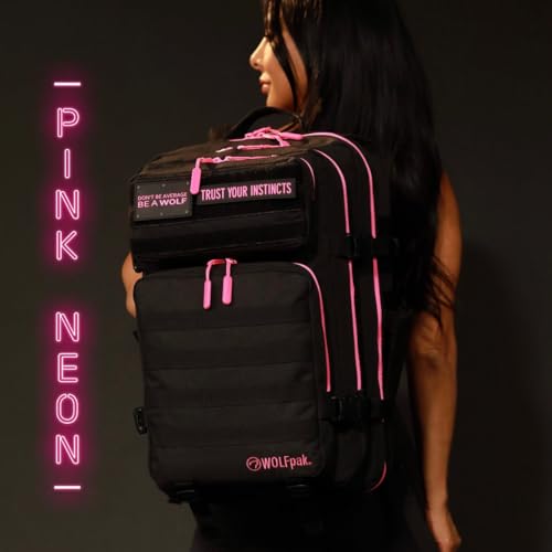WOLFpak 45L Athletic Gym Backpack (Neon Pink) Durable 1000D Waterproof Oxford Material with MOLLE Webbing, Laptop Pocket & Dual Cup Holders, Durable Fitness/Travel/Military Daypack - color: Neon Pink