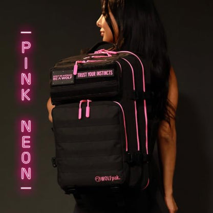 WOLFpak 45L Athletic Gym Backpack (Neon Pink) Durable 1000D Waterproof Oxford Material with MOLLE Webbing, Laptop Pocket & Dual Cup Holders, Durable Fitness/Travel/Military Daypack - color: Neon Pink