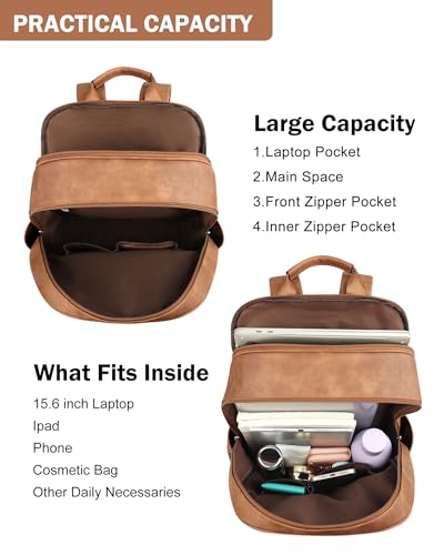 MASINTOR 15.6 inch Leather Laptop Backpack Purse for Women, Designer Travel and Work Bag with Laptop Compartment Mocha Brown - color: Mocha Brown