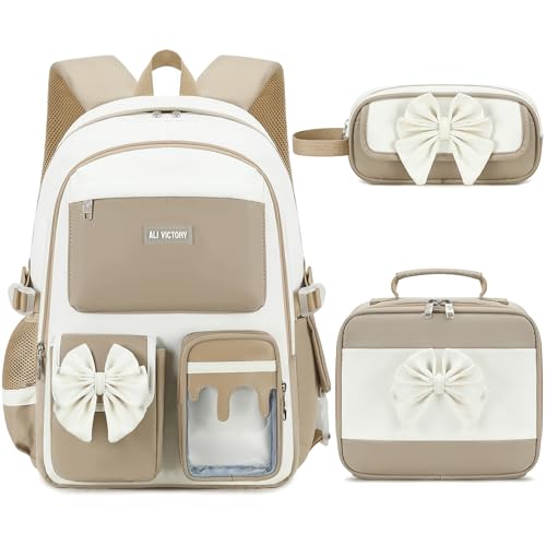School Backpack for Girls 3PCS Nylon Kids Backpack Set with Lunch Box & Pencil Pouch, Cute Lightweight Teen Girls School Bag Laptop Bag Travel Daypack for Elementary Middle High School Beige Brown - color: Brown