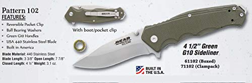 Bear Edge G10 Sideliner, 3 3/8” 440 High Carbon Stainless Steel Blade, Green G10 Handle, Trigger Open and Reversible Pocket Clip (61102)