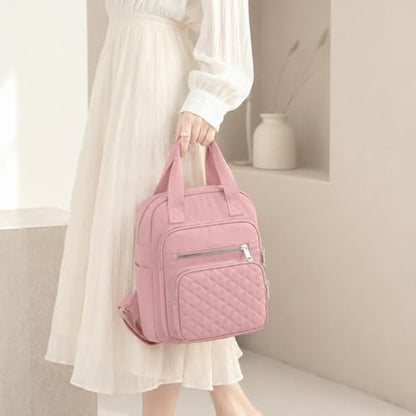 Small Backpack for Women Casual Quilted Square Bag Waterproof Multi Pockets Daypack Lightweight Top Handle Satchel - color: Pink