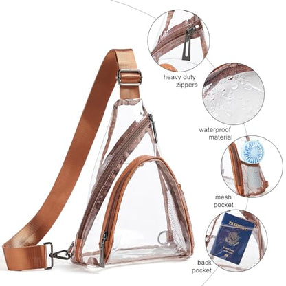 Clear Bag for Stadium Events 12x12x6 Stadium Bag Crossbody Purses Clear Sling Backpack for Concerts Football Games Travel - color: Brown