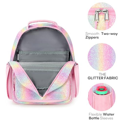 mibasies Girls Backpack with Lunch Box: 3PCS Kids Backpack Set for Kindergarten Elementary - 15 IN Cute Bookbag - Glitter Rainbow - color: Glitter Rainbow
