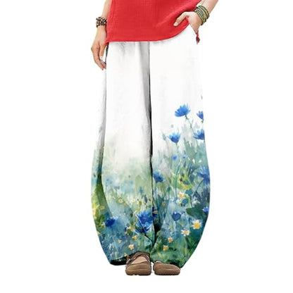 LOAIHA Women's Baggy Pants Elastic Waist Floral Wide Leg Yoga Sweatpants Harem Pant Lantern Trousers with Pockets - color: Boho1, size: Medium